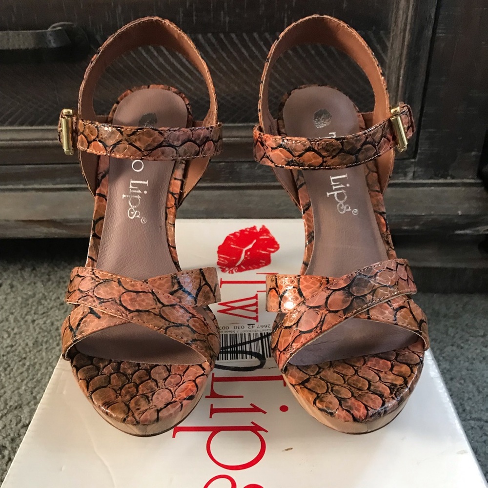 Two Lips “Tango” Orange ankle strap heels.